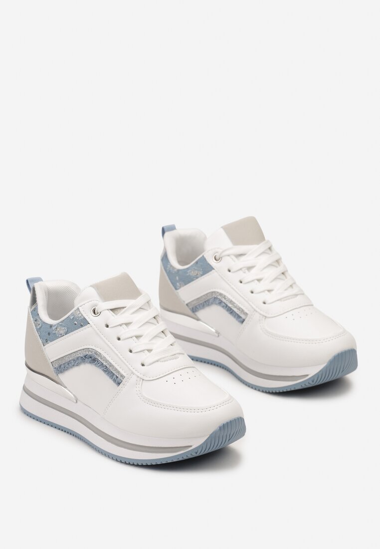 Biało-Niebieskie Sneakersy na Piankowej Podeszwie z Brokatowymi Wstawkami Pallasia