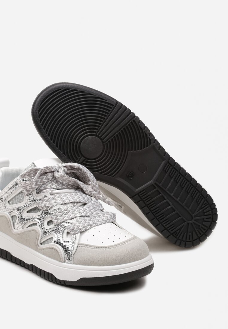 Srebrne Sneakersy z Metalicznym Błyskiem i Podwójnym Sznurowaniem Piniara