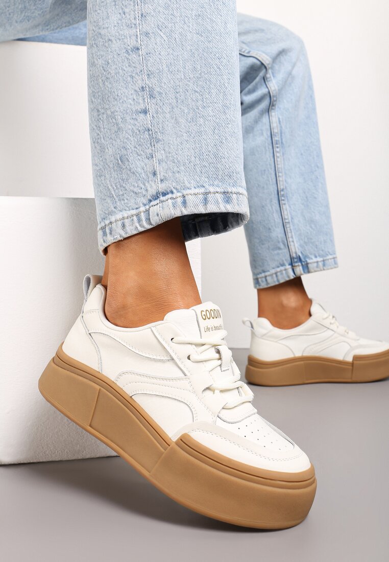 Biało-Brązowe Sneakersy z Naturalnej Skóry na Niskiej Platformie Adileman