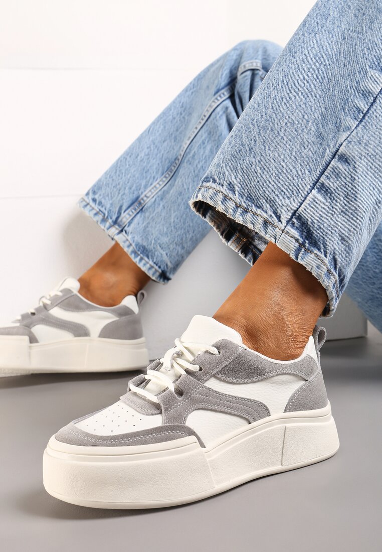 Biało-Szare Sneakersy z Naturalnej Skóry na Niskiej Platformie Adileman