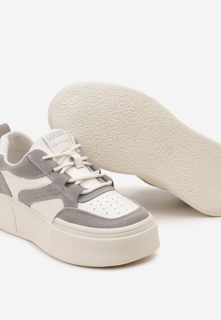 Biało-Szare Sneakersy z Naturalnej Skóry na Niskiej Platformie Adileman