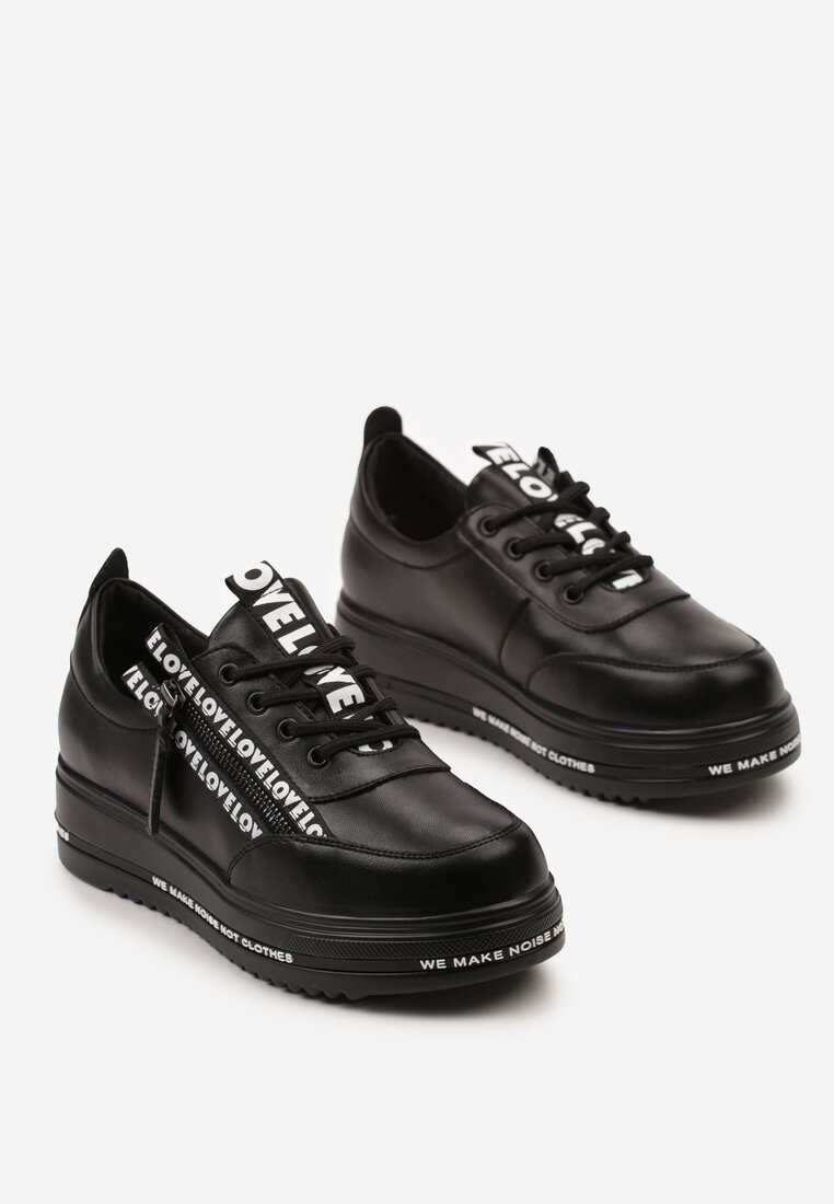 Czarne Sneakersy na Platformie ze Skórzaną Wkładką Zapinane z Boku na Zamek Błyskawiczny Urithas