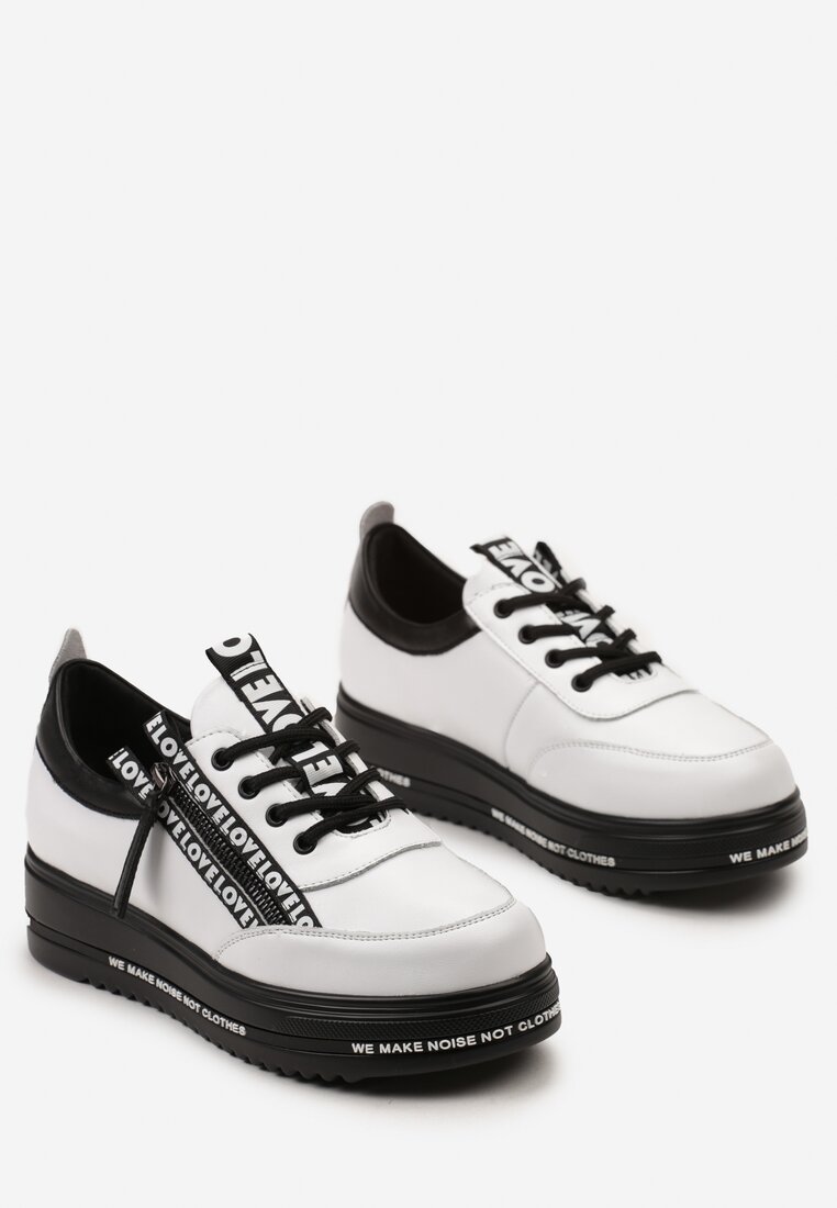 Biało-Czarne Sneakersy na Platformie ze Skórzaną Wkładką Zapinane z Boku na Zamek Błyskawiczny Urithas