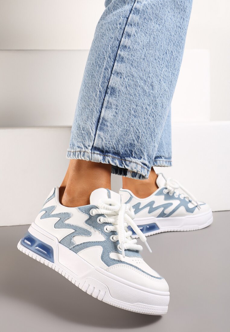 Biało-Niebieskie Sneakersy z Szerokimi Sznurowadłami Ozdobione Tłoczeniami i Wstawką przy Podeszwie Ulares