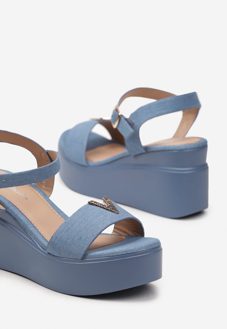 Niebieskie Sandały na Platformie i Koturnie Ozdobione Aplikacją z Cyrkonii Edalmania