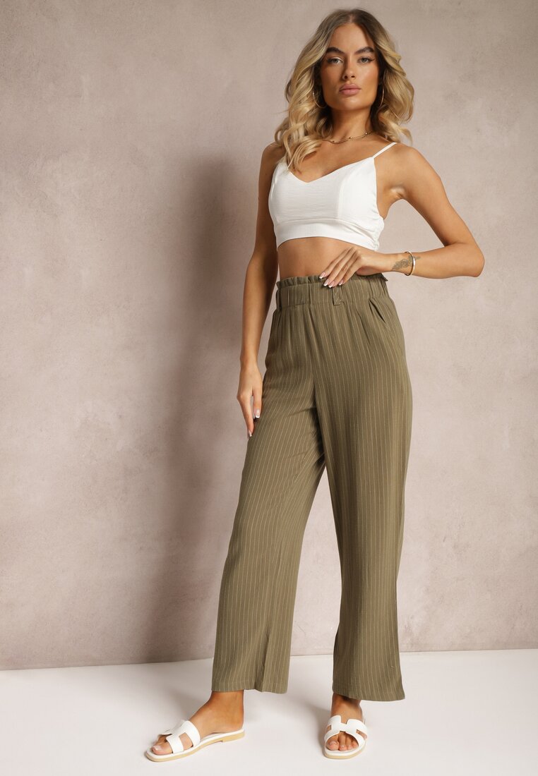 Pantaloni Verde Închis cu Dungi Regular High Waist Sallamia