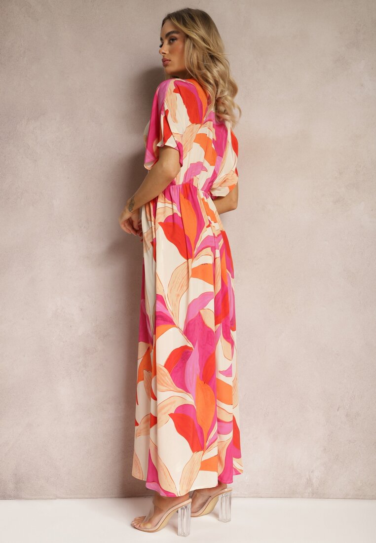 Różowo-Beżowa Rozkloszowana Sukienka z Krótkimi Rękawami Typu Nietoperz Leraphi