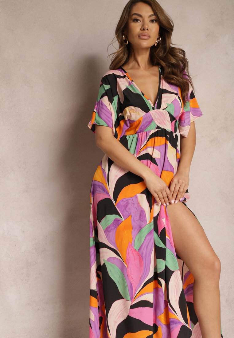 Rochie evazată negru-roz cu mâneci scurte tip liliac Leraphi