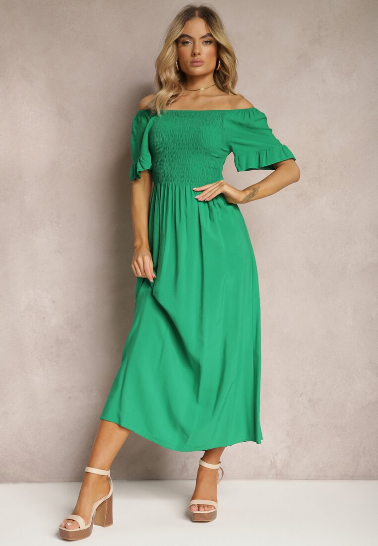 Zielona Sukienka z Bawełny o Hiszpańskim Dekolcie z Marszczeniami i Bufiastymi Rękawami Laiana