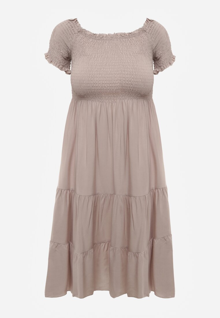 Rochie de vară din bumbac bej deschis tip șpaniolă cu volane evazate Lorania