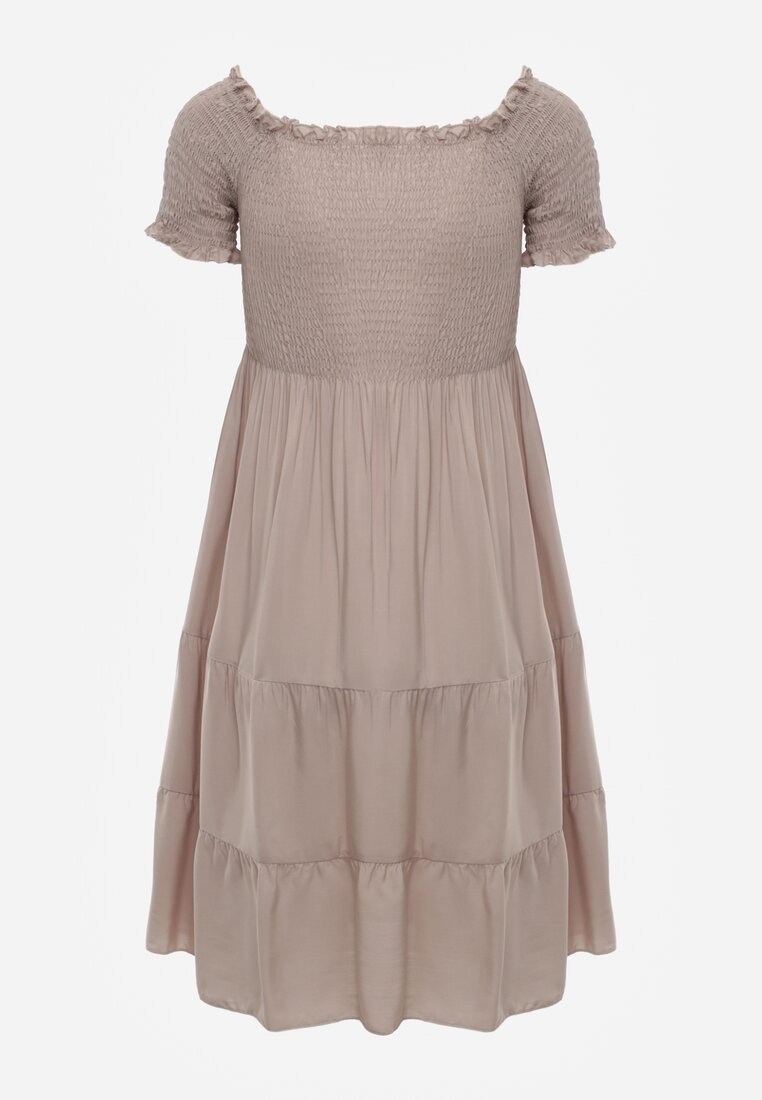 Rochie de vară din bumbac bej deschis tip șpaniolă cu volane evazate Lorania