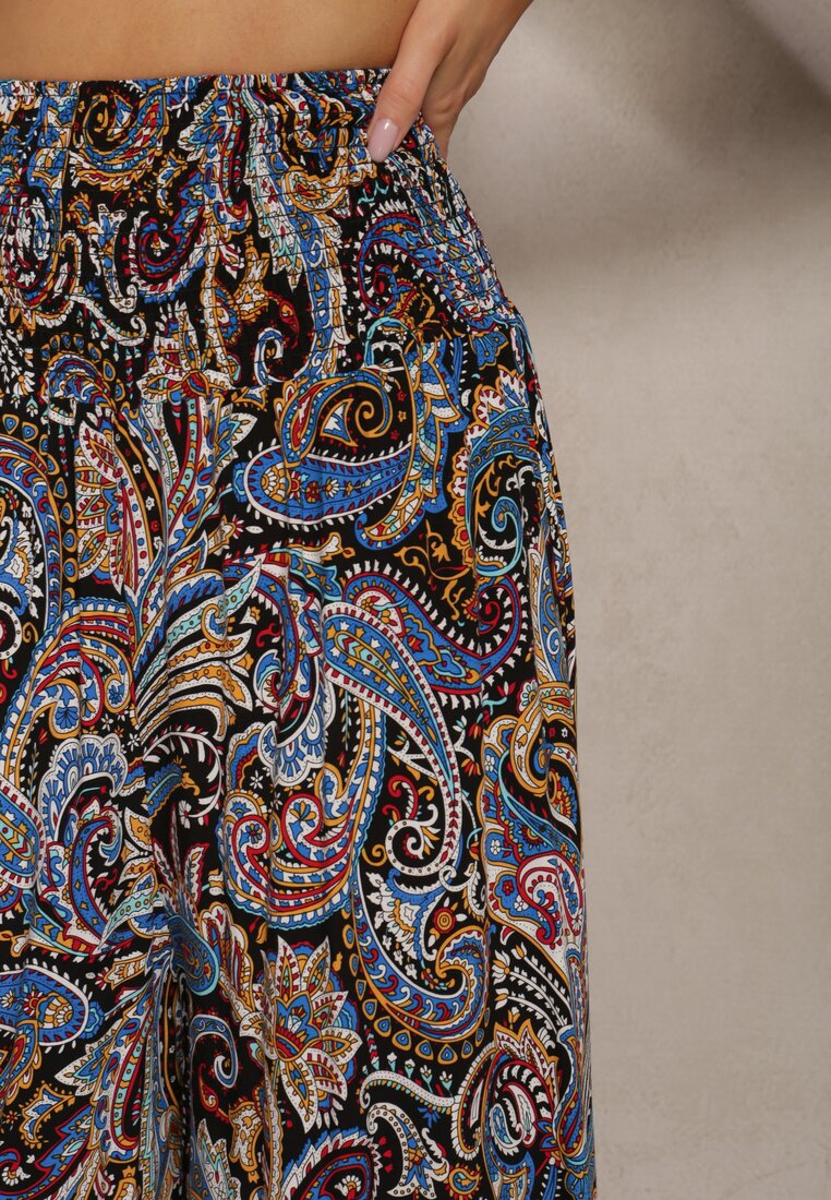 Czarno-Granatowe Spodnie Culottes z Bawełnianej Tkaniny Ozdobione Wzorem Paisley Gwinamas