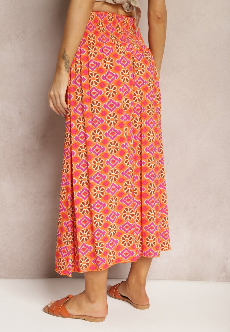 Pomarańczowe Szerokie Spodnie Culottes z Bawełnianej Tkaniny w Mozaikowy Wzór Miratte