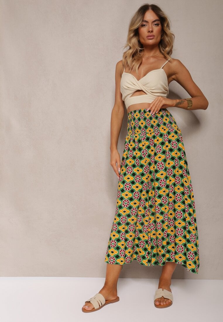 Galben-Verzi Largi Pantaloni Culottes din Țesătură de Bumbac cu Model Mozaic Miratte