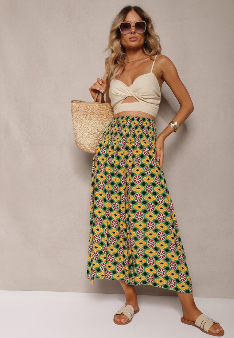 Galben-Verzi Largi Pantaloni Culottes din Țesătură de Bumbac cu Model Mozaic Miratte