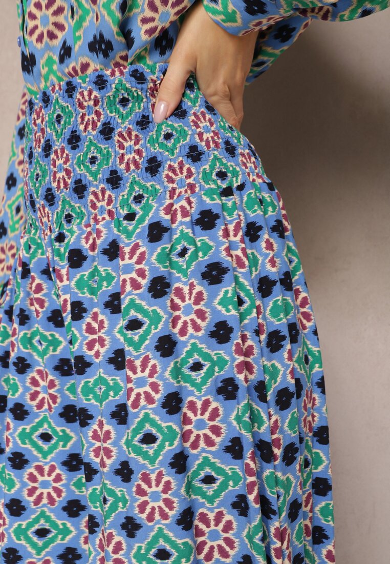 Niebieskie Szerokie Spodnie Culottes z Bawełnianej Tkaniny w Mozaikowy Wzór Miratte