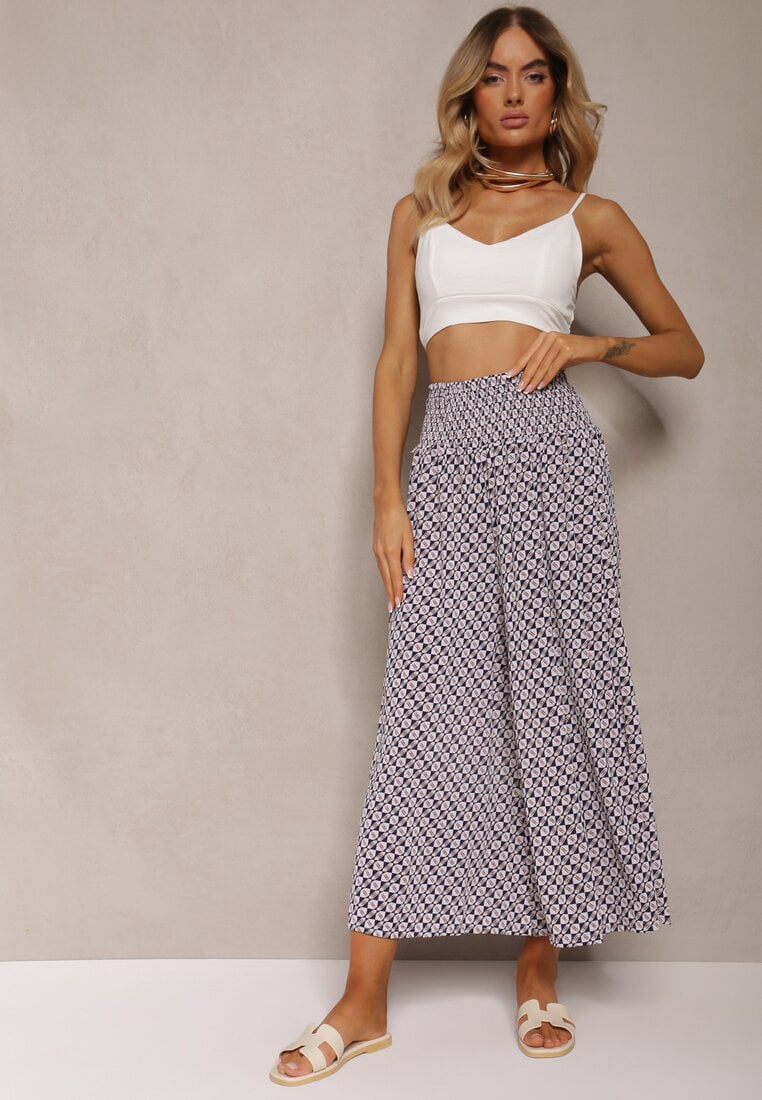 Bleumarin-Alb Pantaloni High Waist din Bumbac cu Picior Larg și Elastic Nereialla