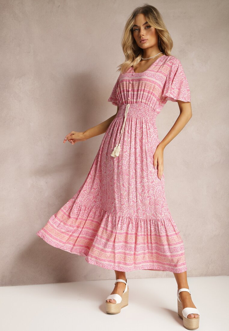 Różowa Sukienka z Bawełny na Lato z Kolorowym Wzorem i Gumką w Pasie Gallatea
