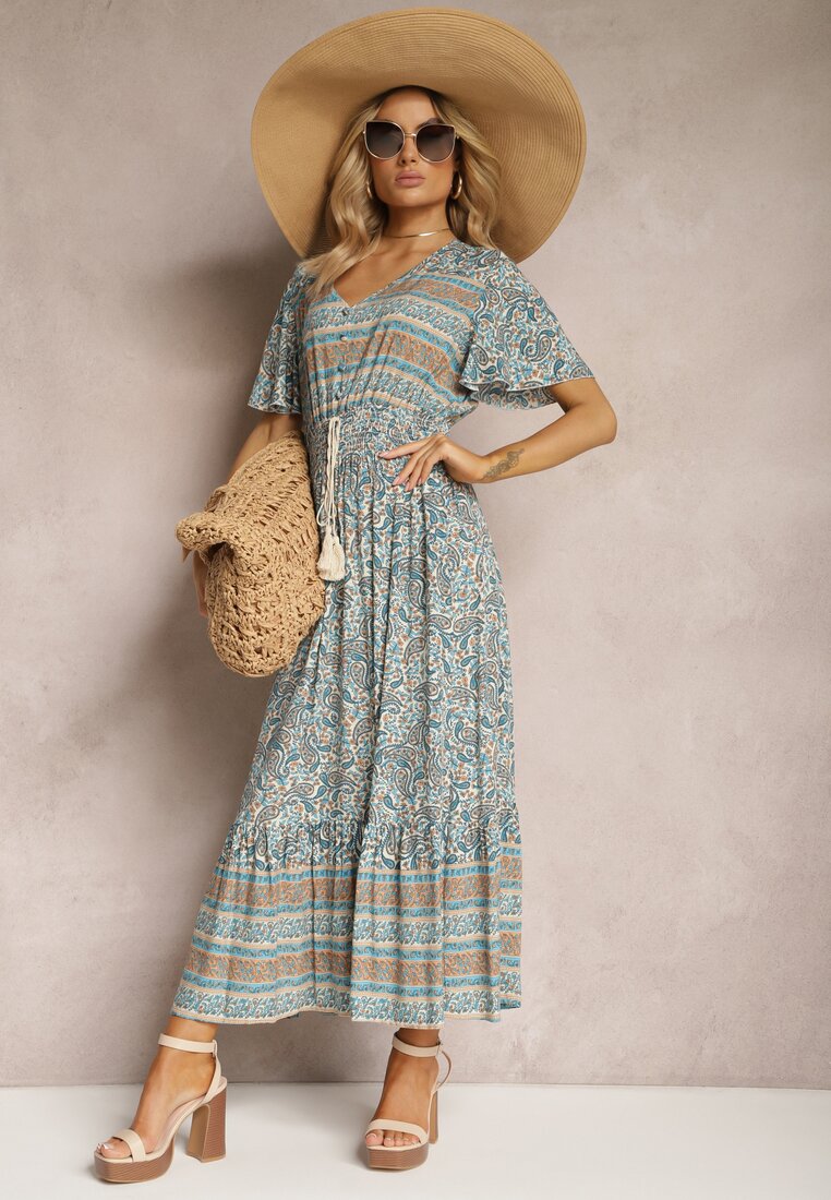 Beżowo-Niebieska Sukienka z Bawełny na Lato z Kolorowym Wzorem i Gumką w Pasie Gallatea