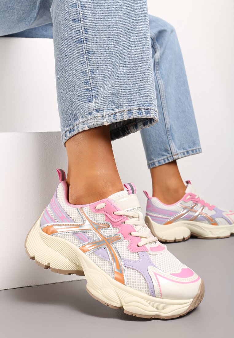 Beżowo-Różowe Sneakersy z Siateczkowymi Wstawkami i Tłoczoną Platformą Incassi