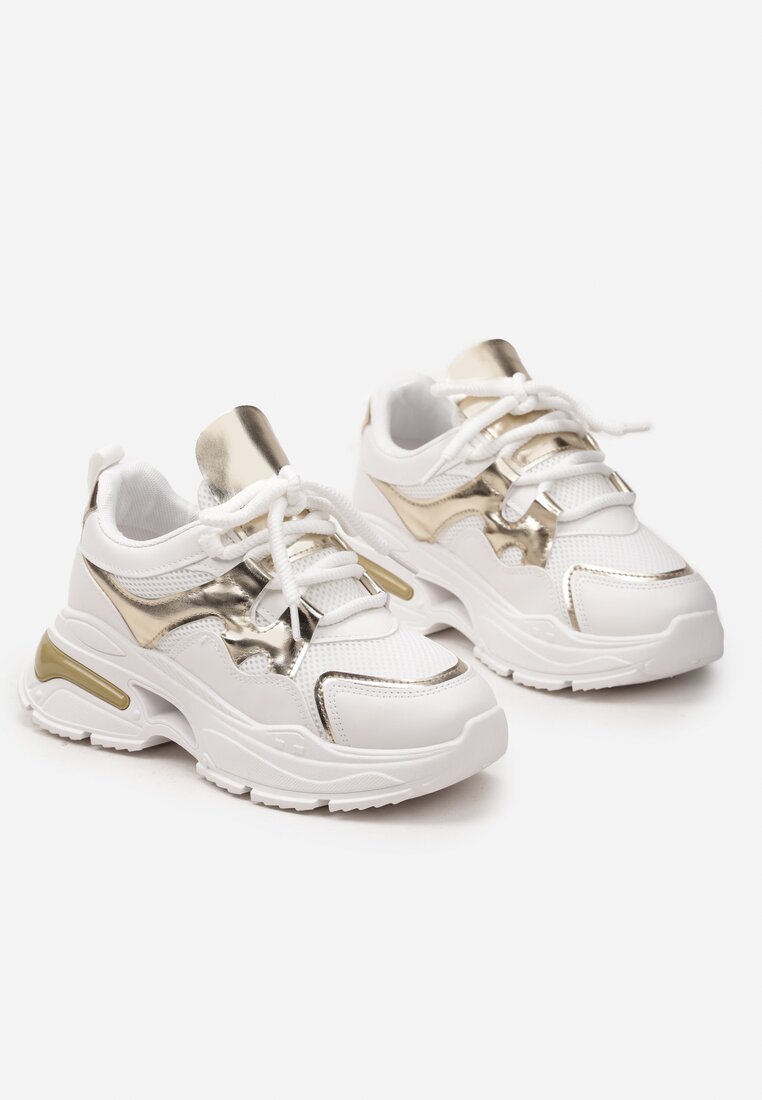 Biało-Złote Sneakersy na Platformie z Wycięciem i Grubymi Sznurówkami Bosylia