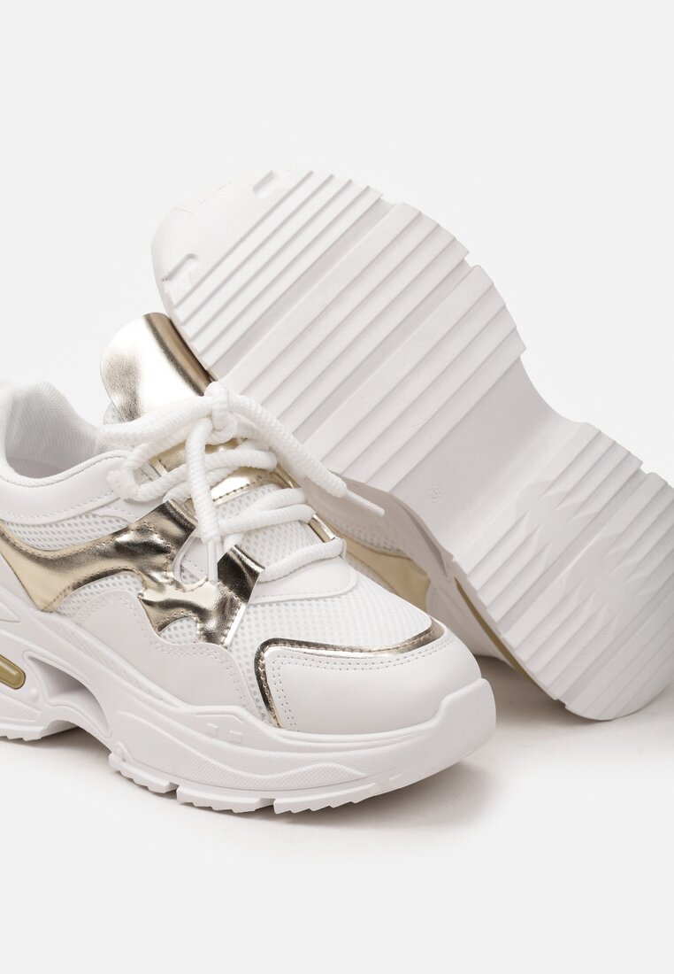 Biało-Złote Sneakersy na Platformie z Wycięciem i Grubymi Sznurówkami Bosylia