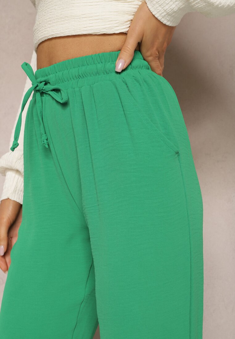 Zielone Casualowe Spodnie ze Ściągaczem i Gumką w Pasie Diomna