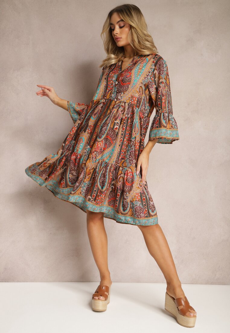 Rochie portocalie cloș cu volane model paisley Acerola