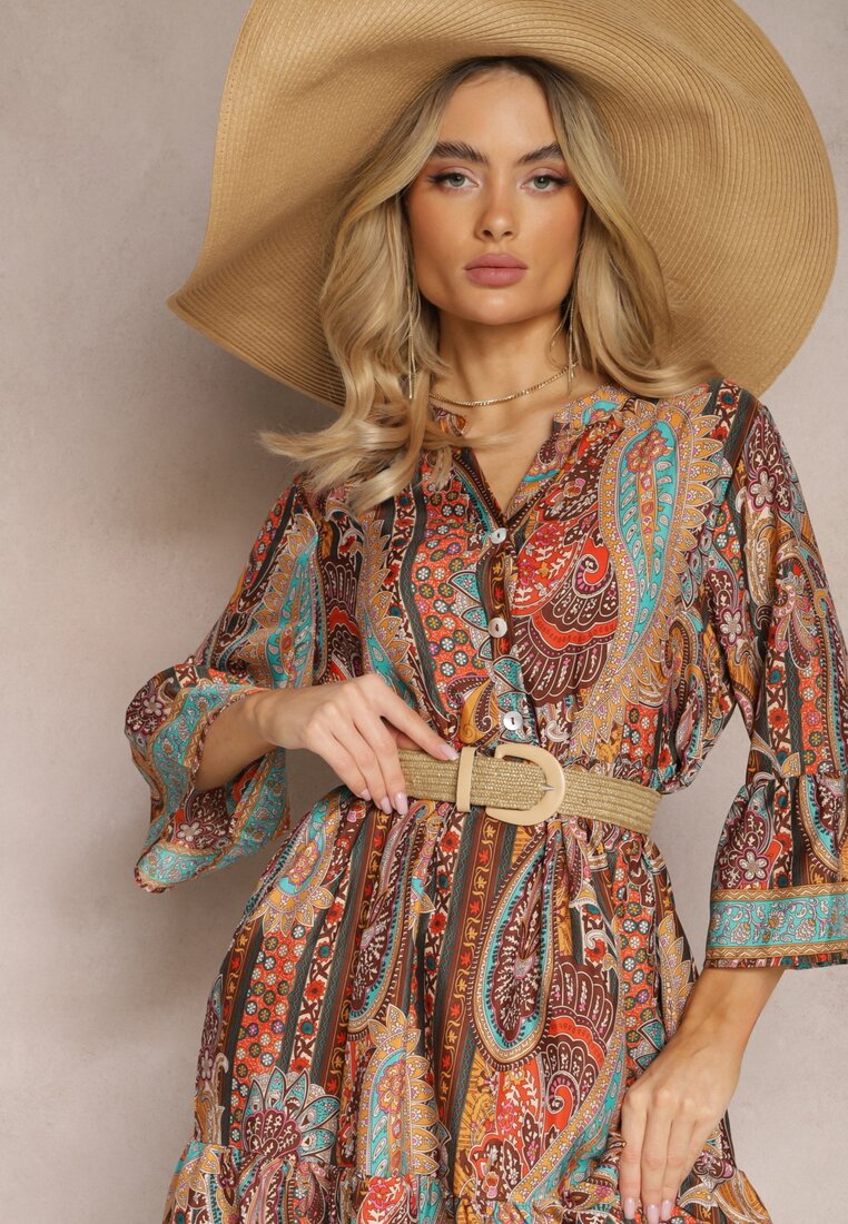 Rochie portocalie cloș cu volane model paisley Acerola