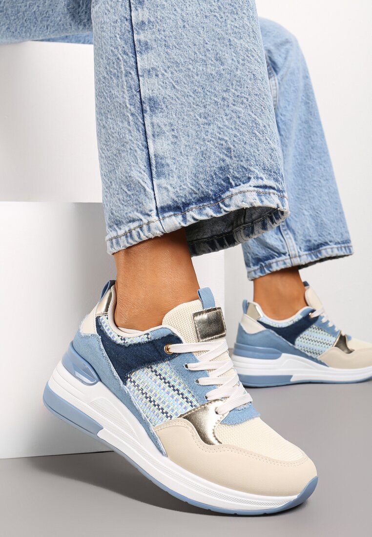 Niebiesko-Beżowe Sneakersy z Niskim Koturnem i Ozdobnymi Wstawkami Ysabeltia
