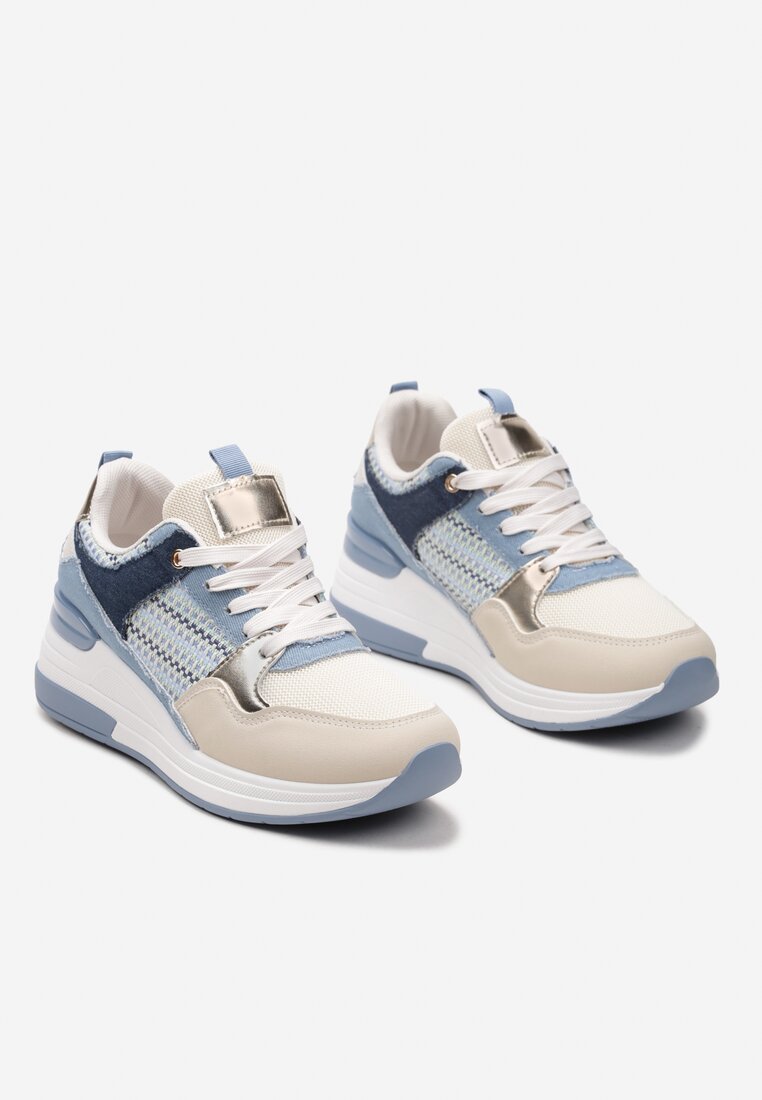 Niebiesko-Beżowe Sneakersy z Niskim Koturnem i Ozdobnymi Wstawkami Ysabeltia
