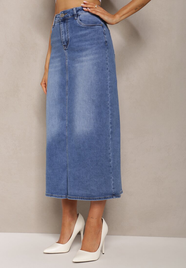 Niebieska Spódnica High Waist Ołówkowa z Przejaśnieniami na Jeansowym Materiale Carolea
