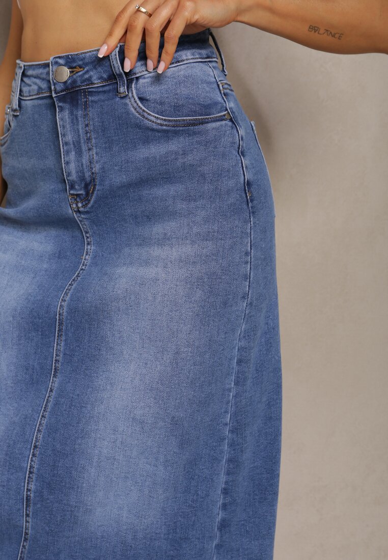 Niebieska Spódnica High Waist Ołówkowa z Przejaśnieniami na Jeansowym Materiale Carolea
