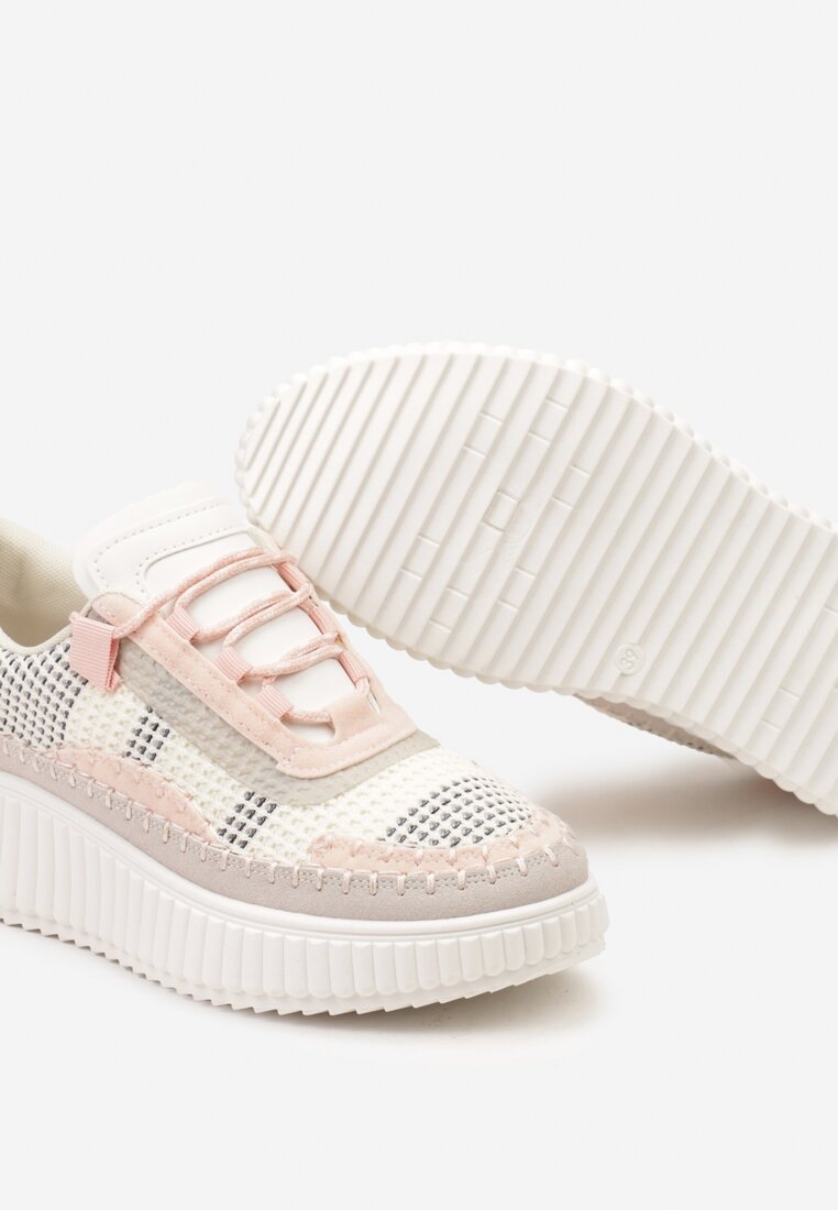Różowo-Białe Casualowe Sneakersy z Wiązaniem na Wzorzystej Grubej Podeszwie Aniata