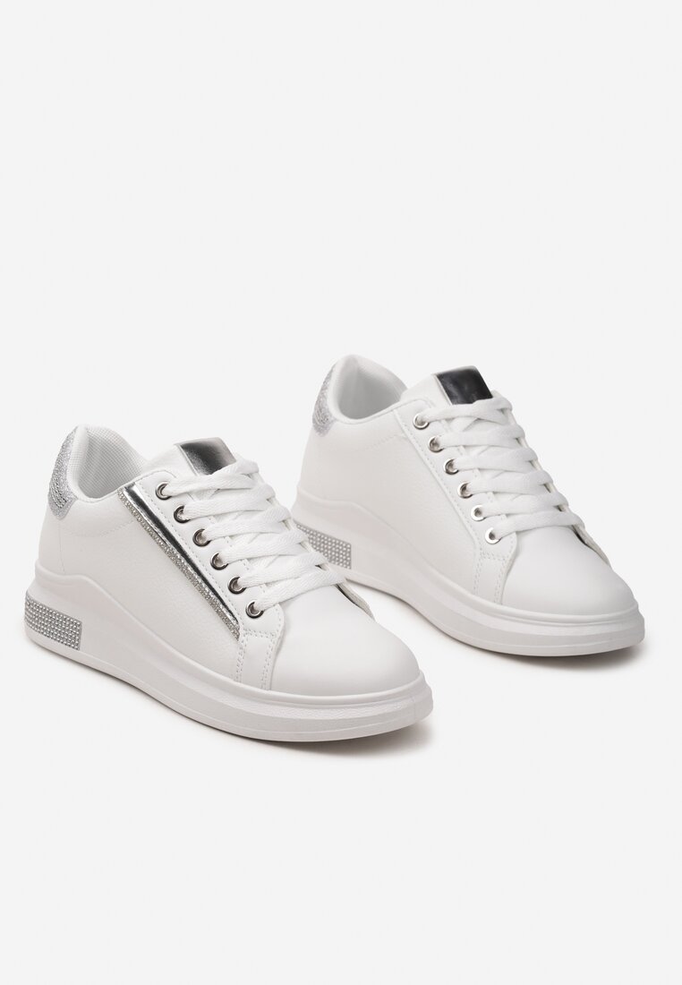 Sneakerși Alb-Argintii cu Inserții Sclipitoare și Pietre Strass Ingemi