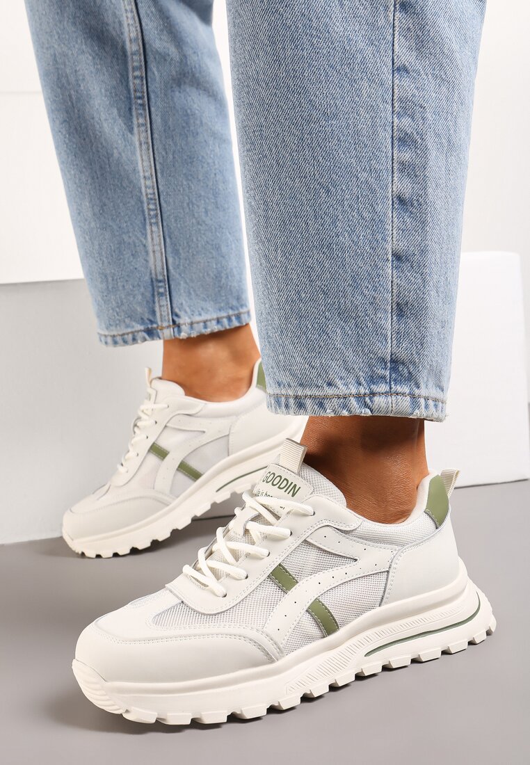 Biało-Zielone Skórzane Sneakersy z Modnymi Wstawkami z Siateczki Apheni