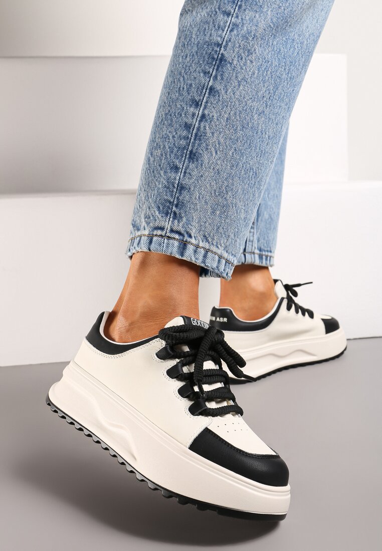 Sneakers Albi-Negri din Piele Naturală cu Platformă și Șireturi Late Talthea