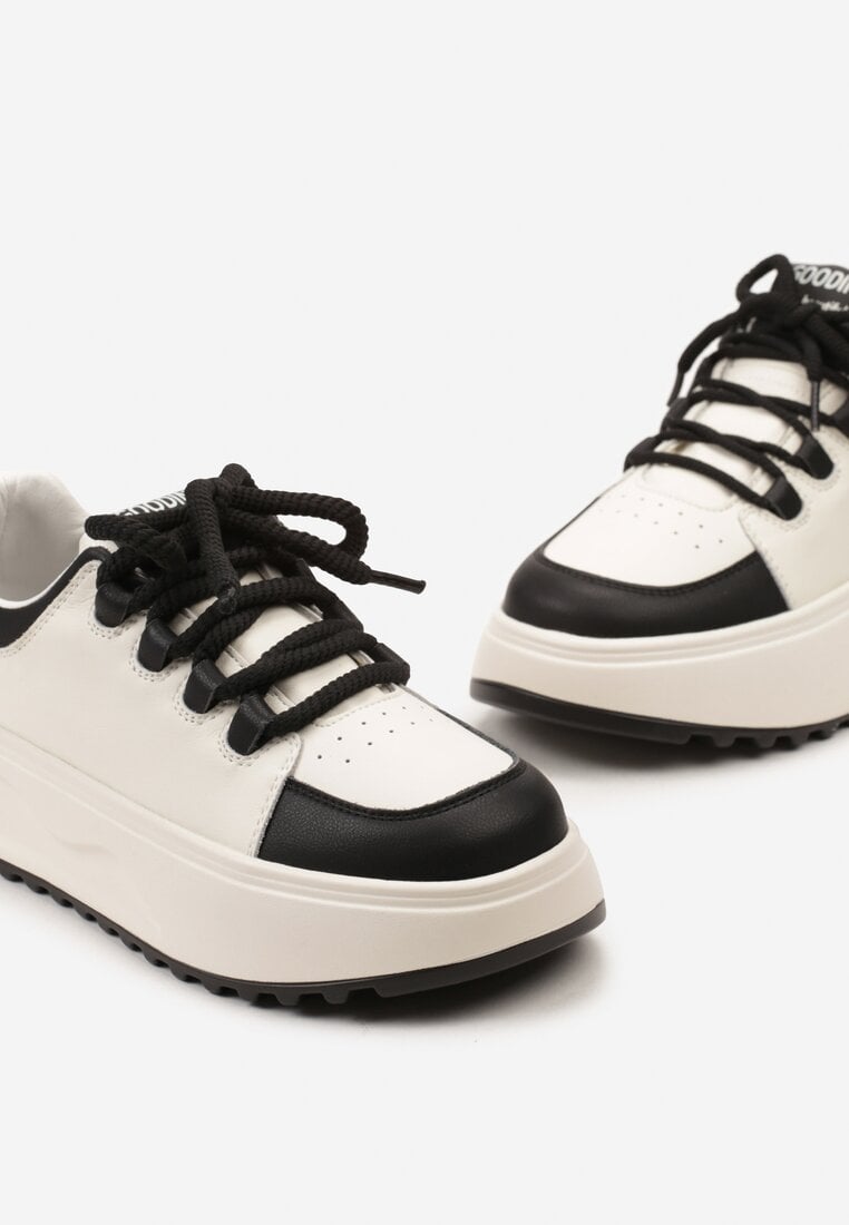 Sneakers Albi-Negri din Piele Naturală cu Platformă și Șireturi Late Talthea