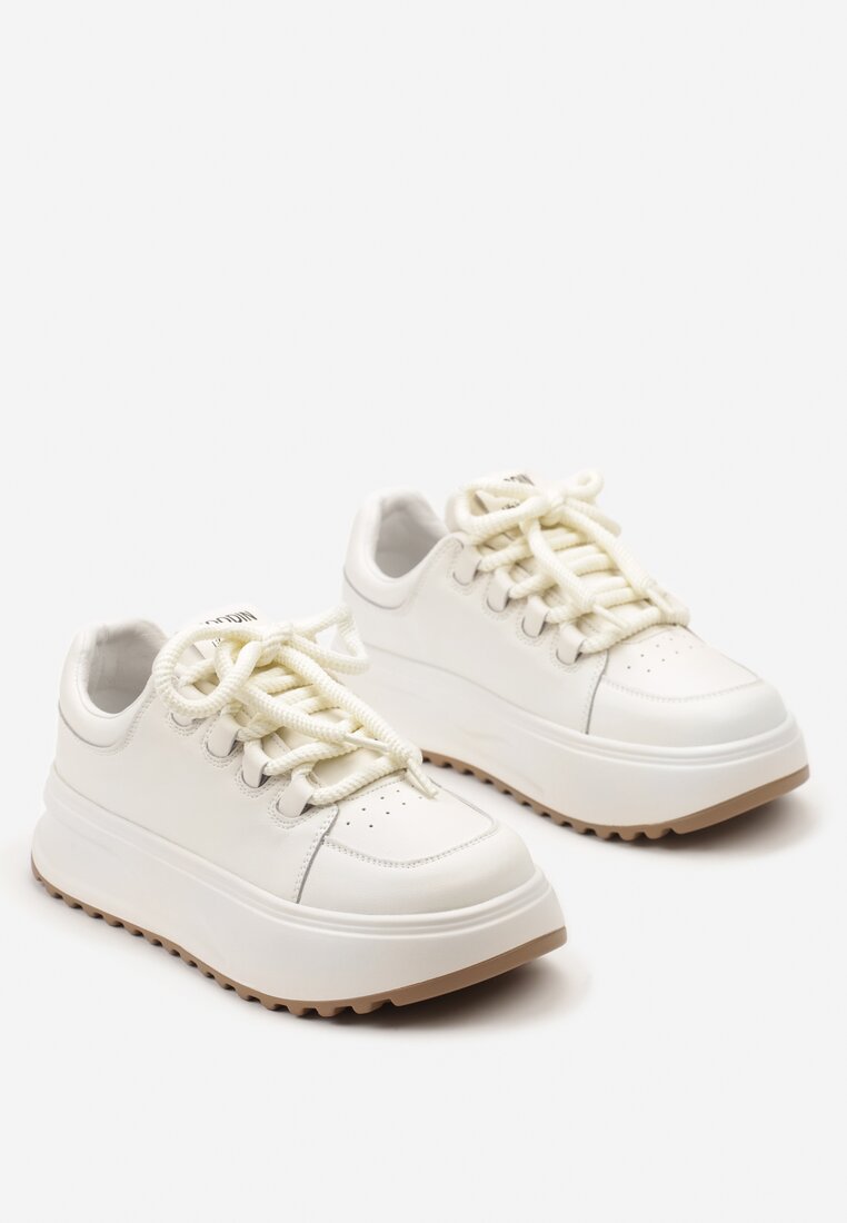 Białe Sneakersy ze Skóry Naturalnej z Platformą i Szerokimi Sznurówkami Talthea