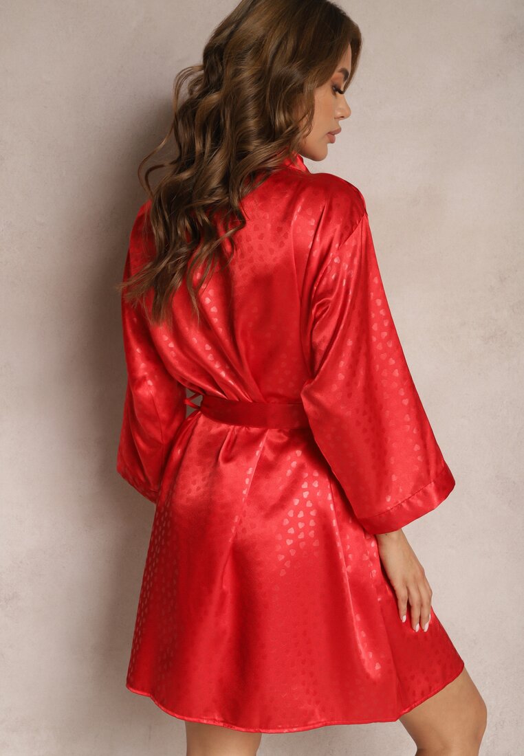 Czerwony 6-częściowy Komplet Piżamowy ze Szlafrokiem Opaską Koszulą Nocną Spodniami Szortami i Topem Kerosa
