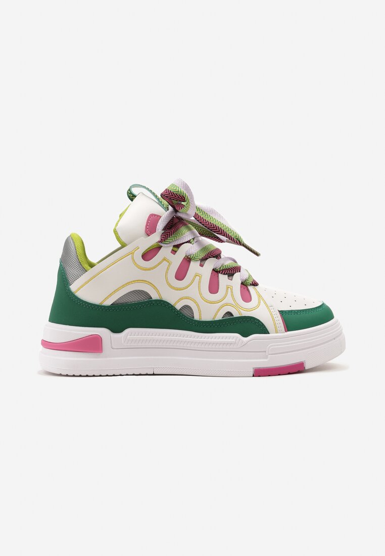 Biało-Zielone Sneakersy na Platformie z Grubymi Kolorowymi Sznurówkami Adrianu