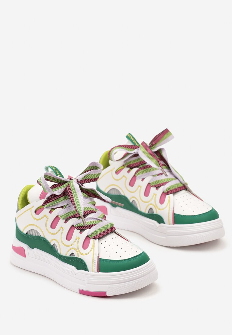 Biało-Zielone Sneakersy na Platformie z Grubymi Kolorowymi Sznurówkami Adrianu