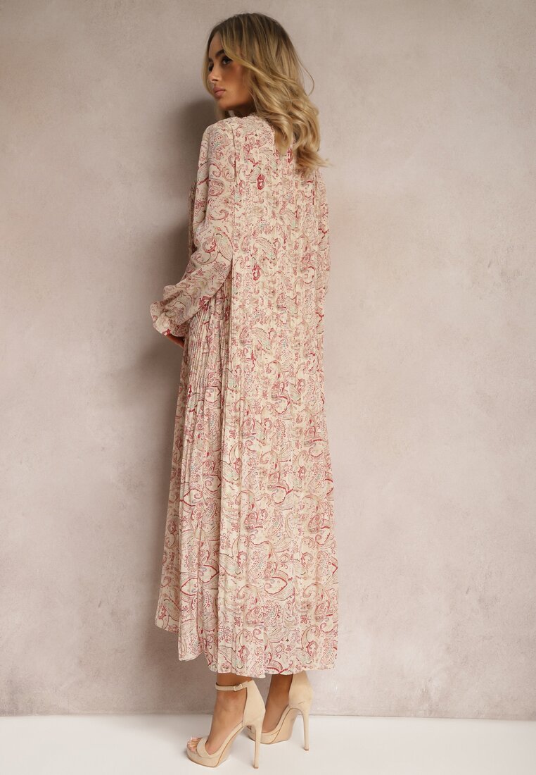 Jasnobeżowa Rozkloszowana Sukienka z Wiązaniem przy Szyi w Print Paisley Clarosa