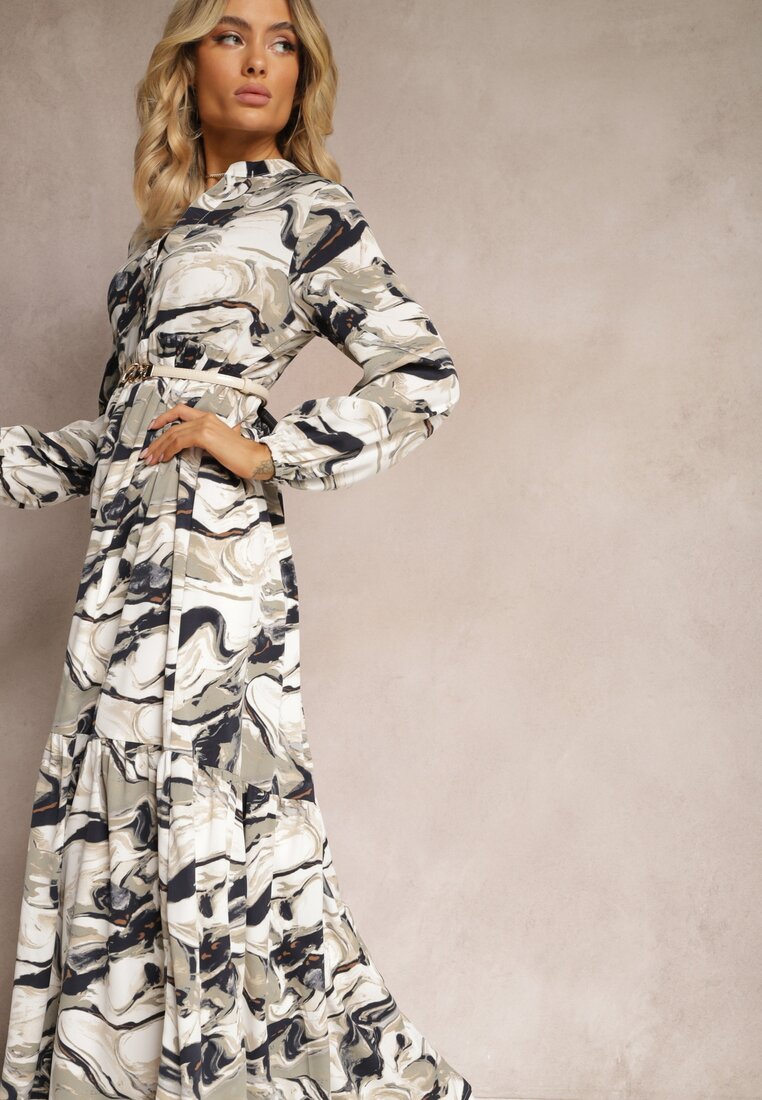 Rochie Albă Cloș Imprimeu Abstract Aganotha