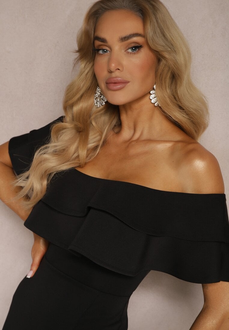 Rochie de Seară Neagră tip Bardot cu Șlițuri și Croială Clopot Ulcini