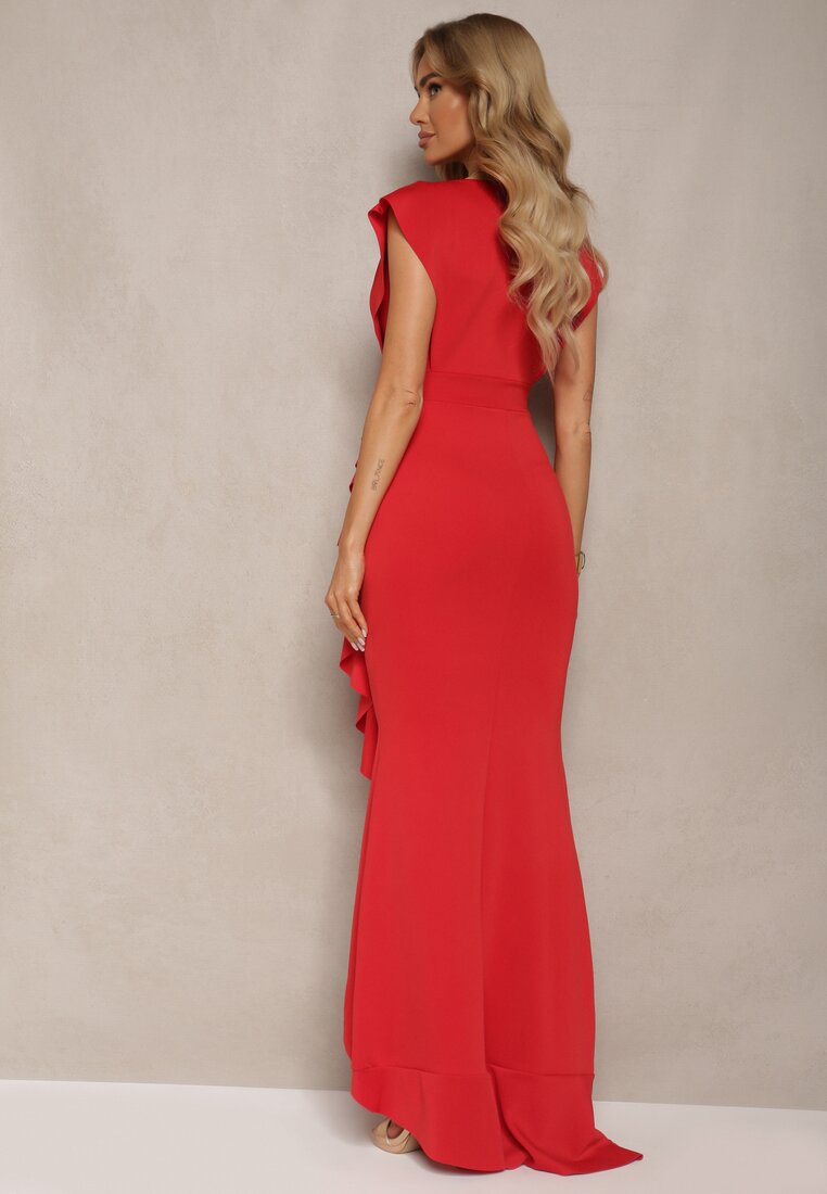 Czerwona Elegancka Sukienka Długa o Asymetrycznym Fasonie z Dekoltem w V i Falbaną Efimea