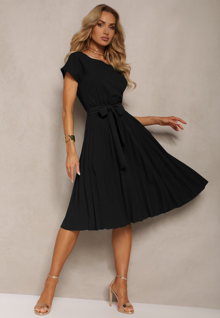 Rochie Neagră de Cocktail cu Elastic în Talie și Mânecă Scurtă cu Curea din Material Zevia