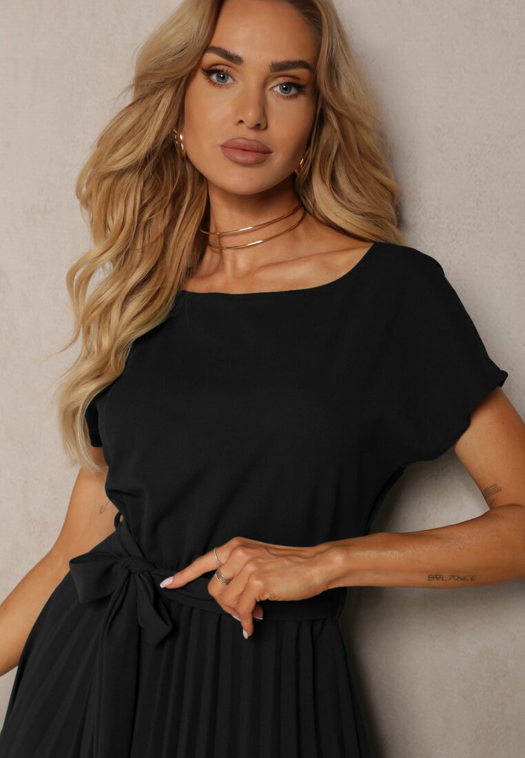 Rochie Neagră de Cocktail cu Elastic în Talie și Mânecă Scurtă cu Curea din Material Zevia