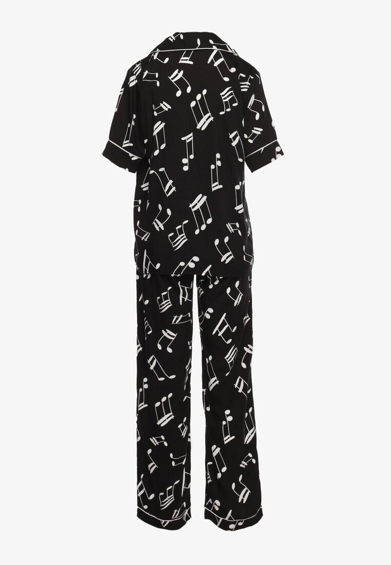 Czarny Wiskozowy Komplet Piżamowy Ozdobiony Printem Koszula na Krótki Rękaw i Długie Spodnie Angelae