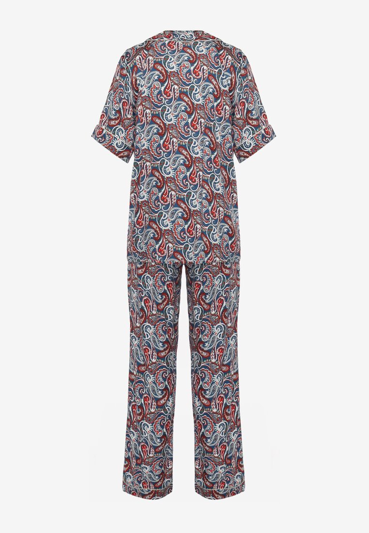 Niebiesko-Czerwony Wiskozowy Komplet Piżamowy Ozdobiony Printem Koszula na Krótki Rękaw i Długie Spodnie Angelae